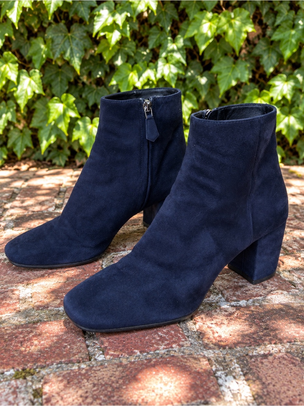 PRADA Navy Suede Wrapped Heel Italian Made Luxury Minimalist Ankle Boots, 37